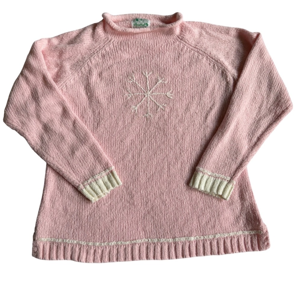VTG Quacker Factory Pink Snowflake Sweater Large L Wool Blend White Trim 90s